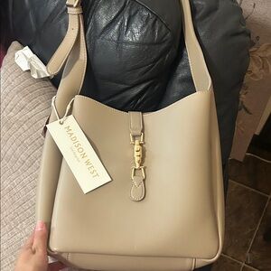 Madison West Taupe Shoulder Bag with Gold Hardware
